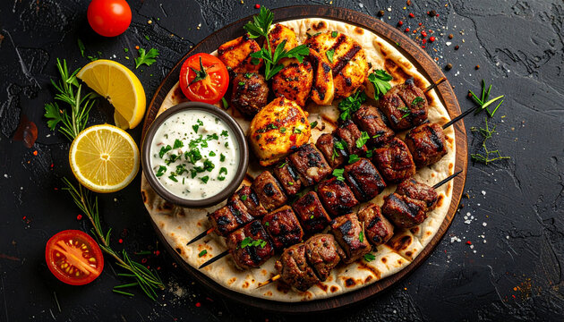 Middle Eastern Mixed Grill Platter with Kebab, Chicken and Yogurt Sauce &ndash; Halal Cuisine