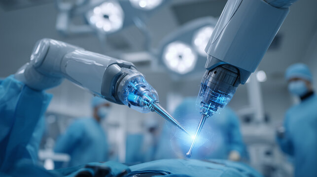 advanced robotic surgical arms performing precision surgery in modern operating room, ai driven medical robotic system for minimally invasive procedure, futuristic autonomous surgery technology in hig
