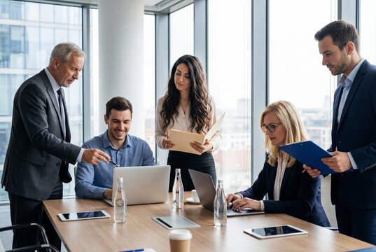 Diverse group of business professionals having meeting around table in modern office