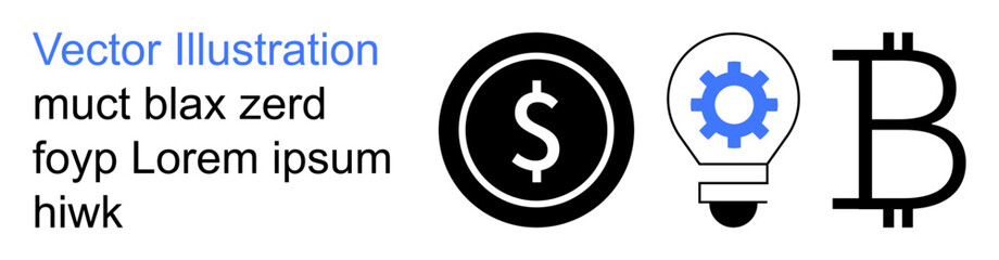 Obraz premium Cryptocurrency, innovation, blockchain, digital currency, financial technology, economic concepts. Features a dollar coin, gear lightbulb and Bitcoin symbol. Cryptocurrency and innovation focus