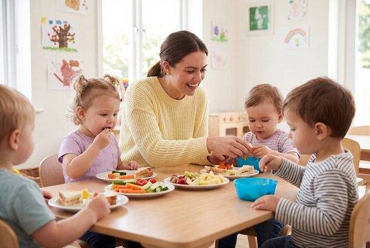 Teacher in yellow sweater having lunch with toddlers at table