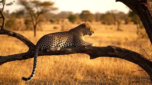 A leopard resting on a tree branch in a savannah landscape during sunset