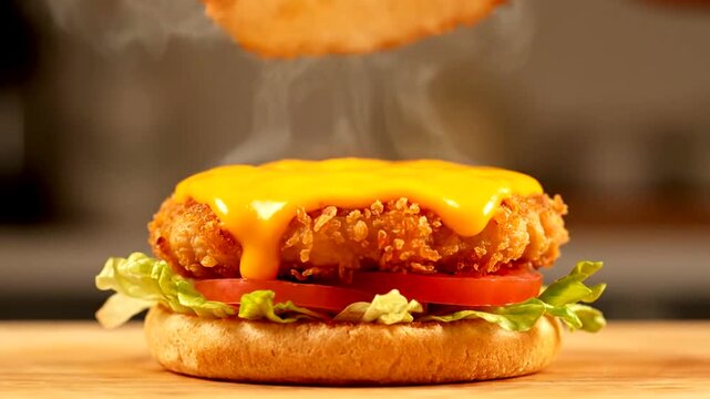 Delicious Crispy Chicken Burger with Melted Cheese Being Assembled.