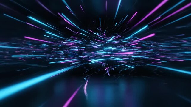 Futuristic technology scene with neon lights, motion, speed, energy, and abstract shapes in a dark environment from a forward viewpoint.