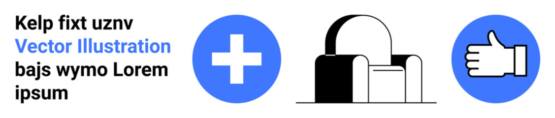 Obraz premium Medicine, approval, healthcare, accessibility, support, positivity. Blue medical cross, thumbs-up icon and modern chair on white background. Medicine and approval concepts illustrated together