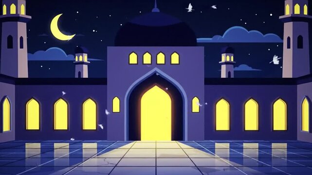 Mosque Entrance at Night with Crescent Moon.