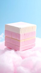 Stacked pink and white square candy slabs, on a bed of pink cotton candy, pastel background