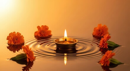 Candle surrounded by marigold flowers in calm water