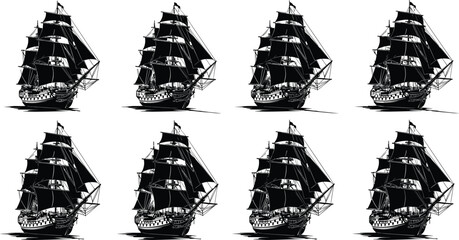 Vintage sailing ship silhouettes collection with detailed masts and sails isolated on white background, historic maritime transport illustration set © Shahariar's World