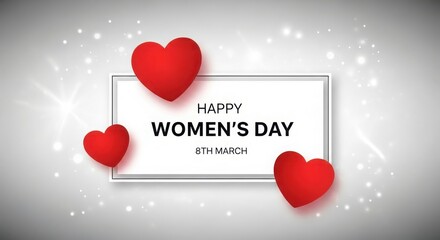 Happy womens day greeting card with red hearts and white background