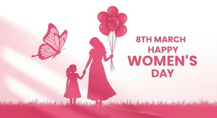 Mother and daughter holding hands with balloons on womens day