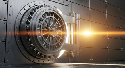 Secure bank vault door with glowing light inside