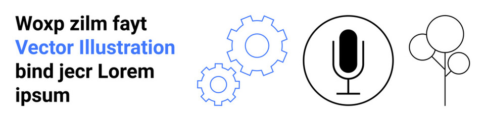 Fototapeta premium Communication, technology, teamwork, engineering, AI audio, design resources. Minimalist microphone, gears and abstract tree design. Communication and technology as key conceptual ideas