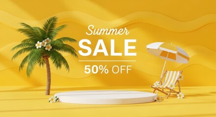 Summer sale banner with palm tree and deck chair on yellow