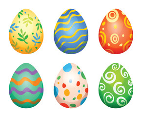 Collection of six colorful Easter eggs with different patterns like leaves and swirls. Vector cartoon illustration