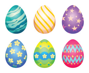 Set of six decorative Easter eggs featuring stars, flowers, and geometric zigzag lines. Vector cartoon illustration