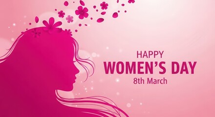 Happy womens day illustration with female silhouette on pink background