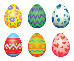 Set of six decorative Easter eggs with heart, floral, and wavy zigzag line ornaments. Vector cartoon illustration