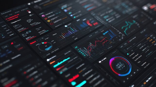 Modern Dashboard Interface with Data Visualizations and Analytics for Business Insights and Performance Monitoring in Dark Theme Design