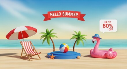 Summer sale banner with beach chair and inflatables
