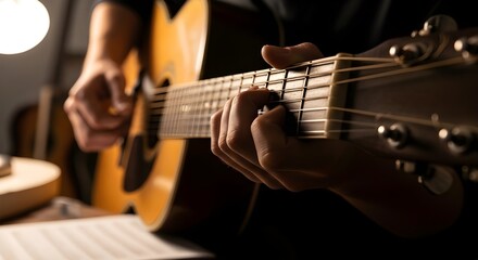 Naklejka premium Passionate Musician's Hands Plucking Acoustic Guitar Strings with Focus