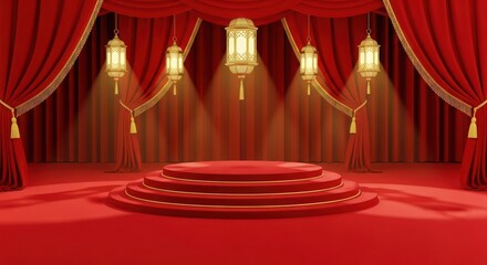Red stage with curtains and hanging lanterns isolated on white background