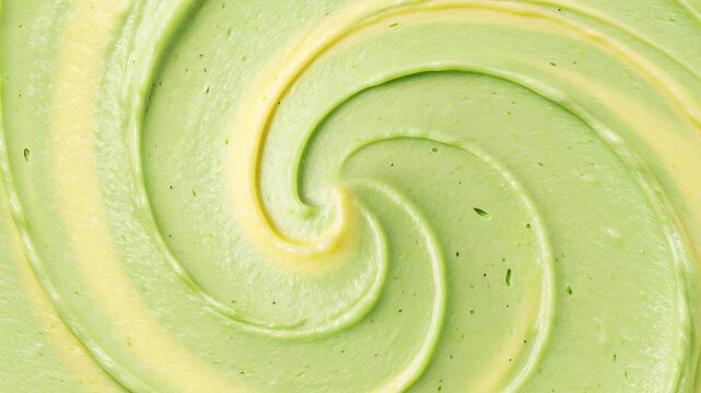 Video 4k green and yellow matcha or avocado juice, Abstract close-up of light green creamy texture swirled into a spiral pattern. thick cosmetic body care or herbal substance background