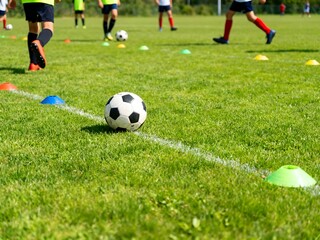 Obraz premium A classic black and white soccer ball rests on a perfectly manicured green grass field, with blurred young players training in the background.