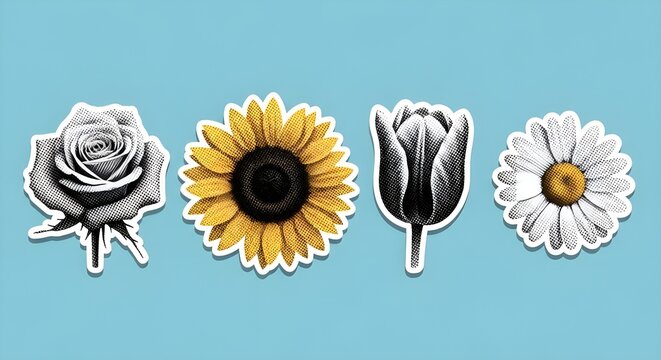 Vibrant and monochrome floral sticker collection showcasing diverse flower illustrations