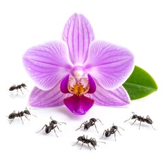Orchid bloom surrounded by ants on white backdrop, casting faint shadows; a nature close-up