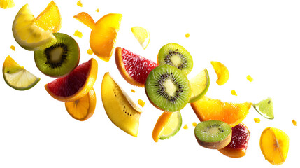 Assortment of fresh fruit slices in motion isolated on transparent background