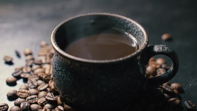 Steaming Hot Coffee in Dark Mug.