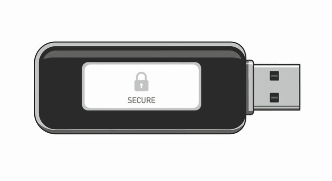 Secure USB flash drive vector illustration, encrypted data storage icon with padlock symbol and secure text, isolated on white background.