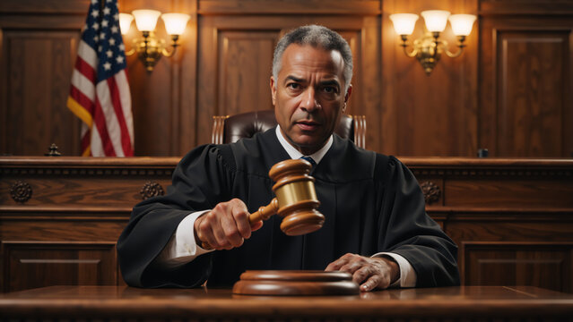 Serious African American judge holding a gavel in a courtroom. Male magistrate sitting at the bench with US flag background. Law and justice concept