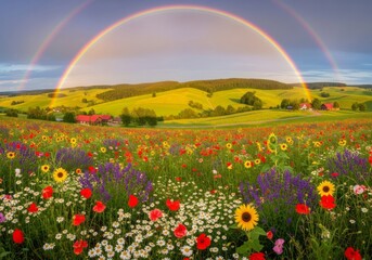 A beautiful colorful rainbow arcs across the blue sky over a lush green meadow and countryside landscape with summer clouds and spring flowers in the field