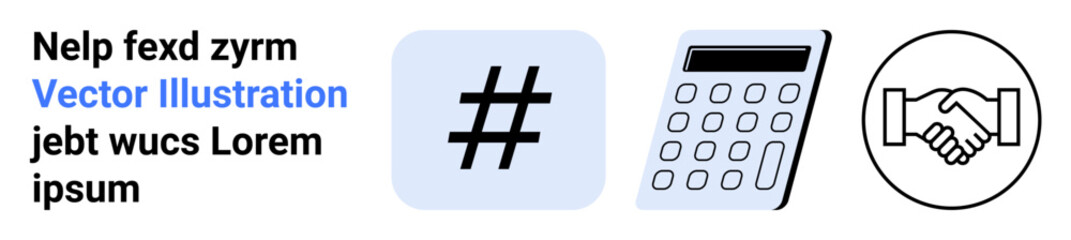 Fototapeta premium metadata tag, calculator, and handshake icons highlight social media, finance, and partnerships. Ideal for business, networking, collaboration, marketing online engagement finance simple landing