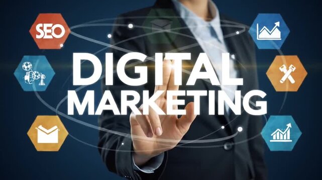 Digital Marketing Strategist: A professional points towards Digital Marketing a complex web of modern strategies, represented by relevant icons.