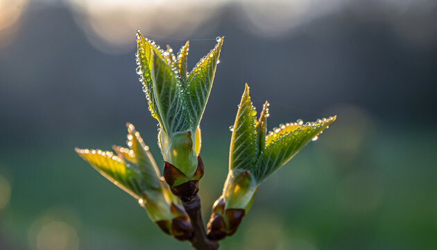 Morning dew delicately graces fresh green leaf buds, symbolizing the promise of new life and the vibrant, tender awakening of spring in nature