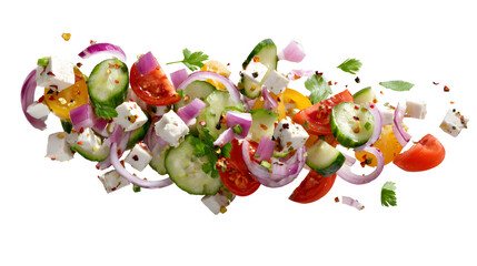 Fresh salad ingredients flying and exploding isolated on transparent background