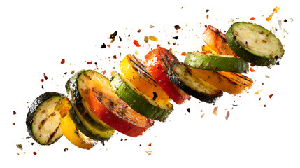 Grilled zucchini and bell pepper slices with water splash isolated on transparent background