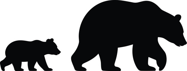 Bear silhouette vector illustration, mother and cub walking wildlife animal black shape isolated on white background for logo, design, stencil, tattoo © SreeShoyagini