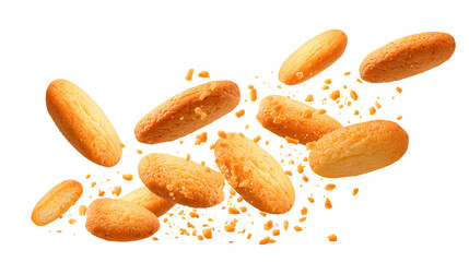 Golden brown bread rolls and crumbs flying through the air isolated on transparent background