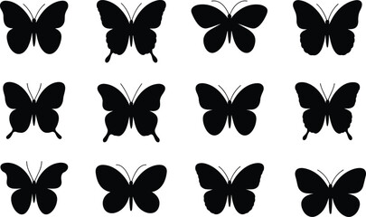 Butterfly silhouette vector collection, black insect wing shapes isolated on white background for logo, stencil, tattoo, decorative nature design set © SreeShoyagini