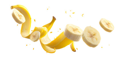 Peeled banana slices and peel in motion isolated on transparent background
