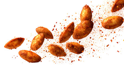 Crispy potato wedges flying through spices isolated on transparent background