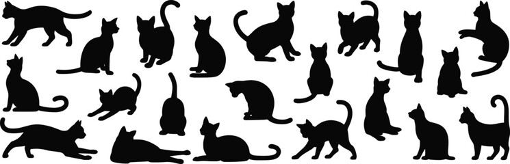 Cat silhouette collection vector illustration, black domestic feline poses set isolated on white background for logo, stencil, tattoo, pet design © SreeShoyagini