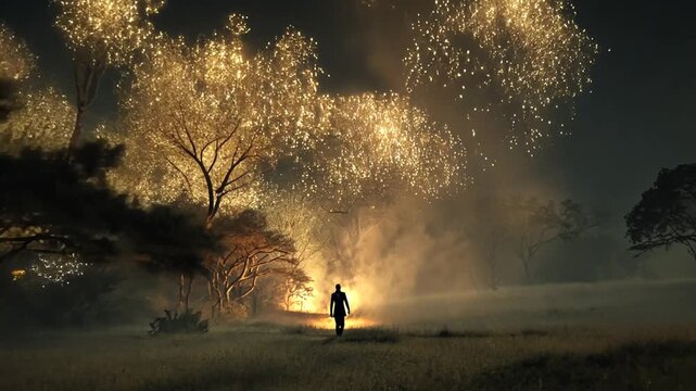 Enchanting night journey through a mystical golden forest with a solitary figure walking towards a radiant light amidst sparkling foliage