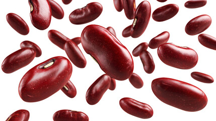 Many red kidney beans scattered and floating isolated on transparent background