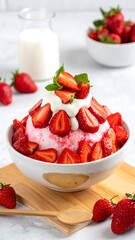 Strawberry shaved ice dessert topped with cream & mint, served on wood plank