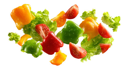 Fresh salad ingredients flying isolated on transparent background